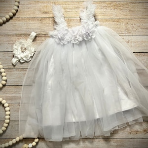 Baby girl White Flowy Dress, Boho Tulle Summer Dress, Boho Sun Dress, Optional Pearl Necklace, Barefoot Sandals, and Kids Headband to match