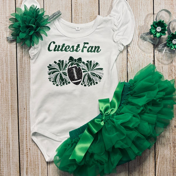 Girls 'Cutest Football Fan' Cheer Gear - Green and Silver Glitter design with Tutu Bloomer for Little Sports Fan - Pom Pom Football design