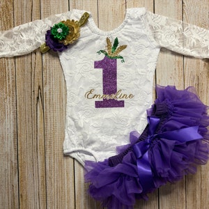 Baby Girl Personalized First Birthday - Mardi Gras Birthday outfit - Lace Bodysuit with Purple Tutu Bloomer - New Orleans Birthday Theme