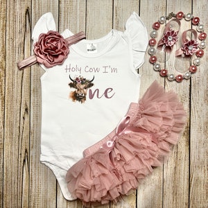 Highland Cow 1st Birthday Outfit: Flutter Bodysuit & Pink Tutu