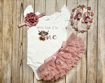 May include: A pink and white baby outfit with a cow graphic and the text "Holy Cow I'm One". The outfit includes a headband, a tutu, and a necklace.