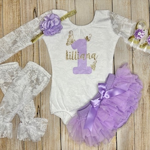 Baby girl Butterfly 1st Birthday Lace Bodysuit with optional Lavender Tutu Bloomer - First Birthday Outfit - Butterfly 1st Birthday - Name