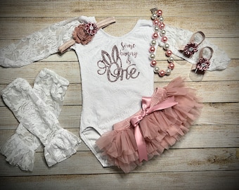 Bunny First Birthday Outfit: Lace Bodysuit, Tutu Bloomer, Cake Smash