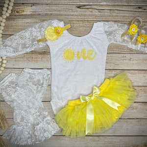 Baby Girls Sunshine ONE first Birthday Lace Bodysuit and Yellow Tutu Bloomer outfit, Your choice Headband, Barefoot Sandal and Lace Leggings