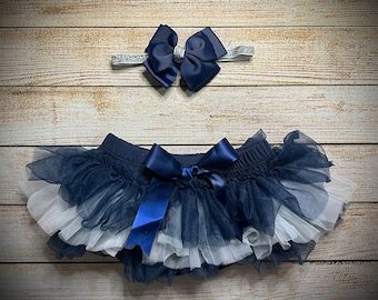 Baby Girl Navy Blue & White Tutu Bloomer, matching Navy Bow Headband with Silver Glitter Elastic, Perfect for Sport support, Sunday Football