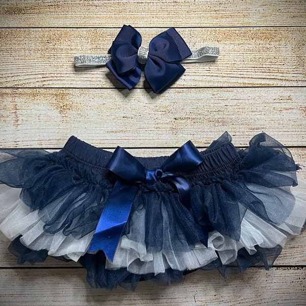 Baby Girl Navy Blue & White Tutu Bloomer, matching Navy Bow Headband with Silver Glitter Elastic, Perfect for Sport support, Sunday Football