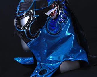 Máscara de dragón azul hecha a mano, máscara de lucha libre, disfraz de luchador, máscara mexicana de lucha libre, máscara de cosplay