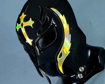 Máscara de oro negro hecha a mano, máscara de lucha libre, disfraz de luchador, máscara mexicana de lucha libre, máscara de cosplay, máscara semiprofesional