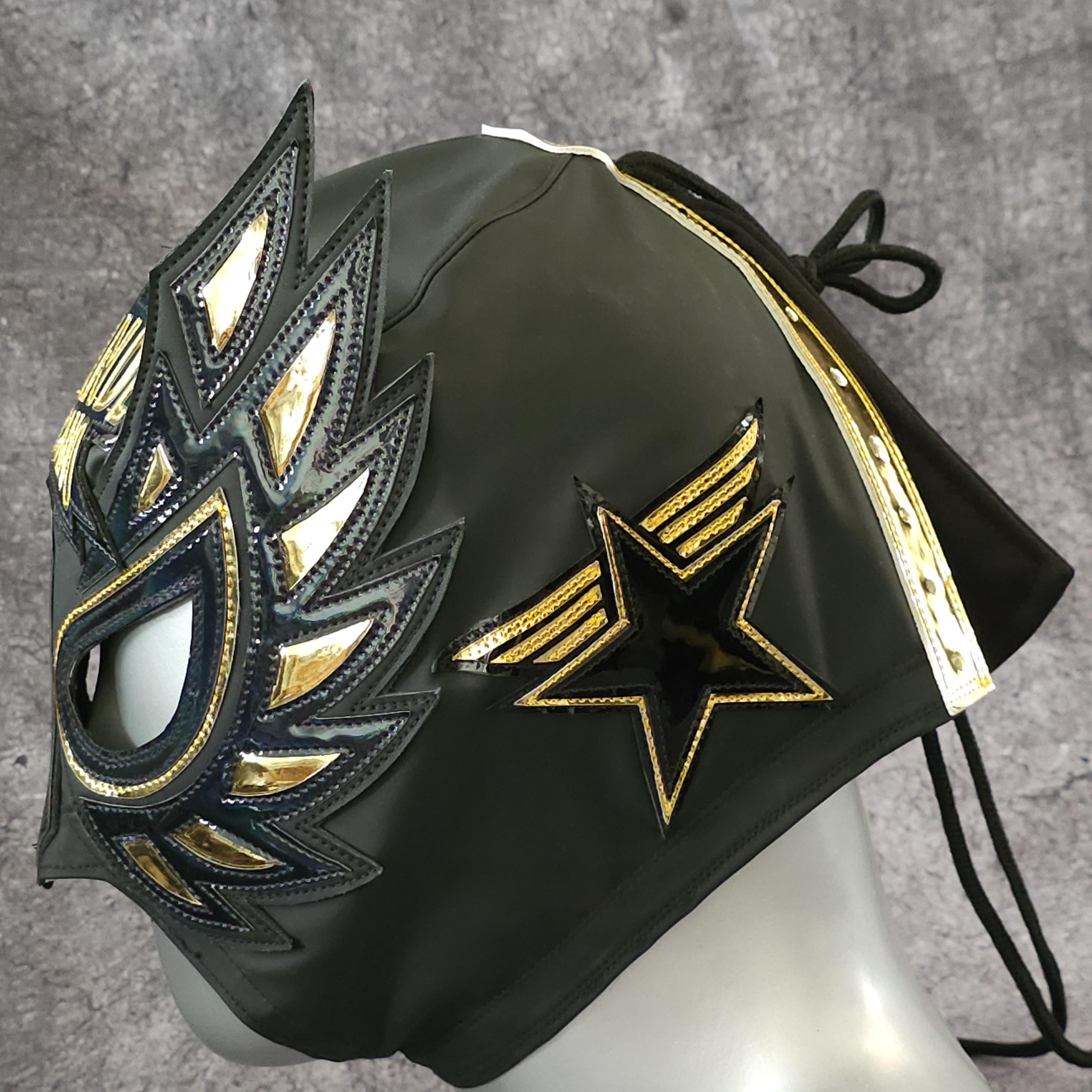 ルチャリブレマスク 黒と金 角付き 黒金のレスリングマスク、ルチャドールコスチューム、レスラー
