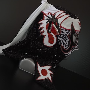 ręcznie robiona czarna maska zapaśnicza ze smokiem, kostium luchadora, zapaśnik lucha libre, meksykańska maska, maska cosplay