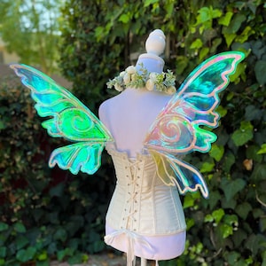 May include: A pair of iridescent fairy wings with a green and blue swirl design. The wings are attached to a white corset with a lace-up back.