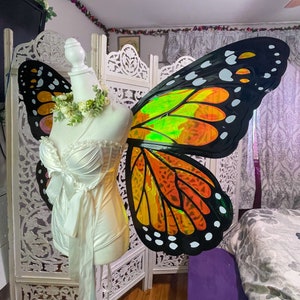 May include: A white satin corset with a bow and a pair of large iridescent butterfly wings. The wings are black with orange, yellow, and green accents.