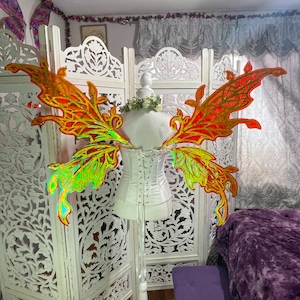 May include: A pair of iridescent fairy wings with a red, orange, and yellow color scheme. The wings are attached to a white corset with a lace-up front.