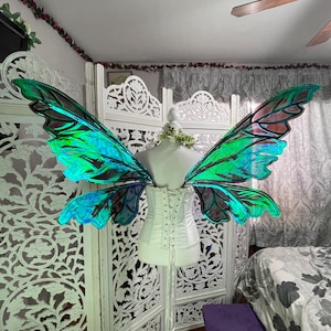 May include: A pair of iridescent green and blue fairy wings with a white corset. The wings are made of a translucent material and have a delicate, intricate design.