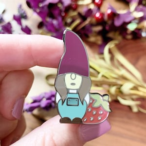 Lady Gnome Enamel Pin, Gnome with Strawberry, Garden Gnome pin, Gnomes in Fall, Autumn Harvest, Woodland Creature, Hard Enamel Pins