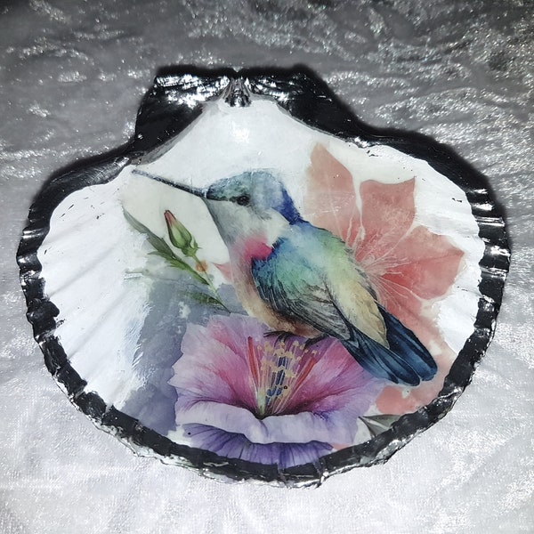 Scallop Shell Decoupaged Shell with a Bird and Flowers- Trinket dish