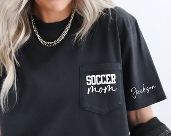 Pocket Logo Soccer Mom Shirt, Soccer Mom Shirt, Personalized Soccer Mom Shirt,  Comfort Colors Pocket Tee, Personalized Arm with Kids Names