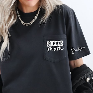 Pocket Logo Soccer Mom Shirt, Soccer Mom Shirt, Personalized Soccer Mom Shirt,  Comfort Colors Pocket Tee, Personalized Arm with Kids Names