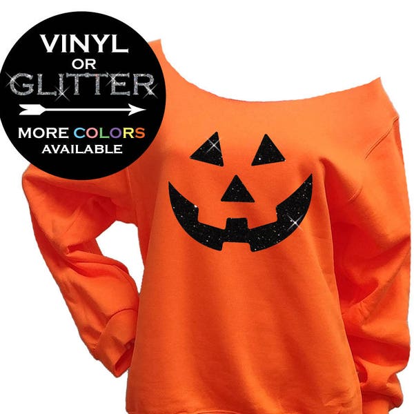 pumpkin face shirt - pumpkin face shirt- Off Shoulder Sweatshirt - Halloween party shirt - funny Halloween (BD809) SHOWN NEON ORANGE 562