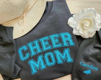 Custom Cheer Mom Sweatshirt, Cheerleader Shirt, Glitter Cheer Mom, Competition Mom Sweater Outfit, Personalized Cheer Gift for her