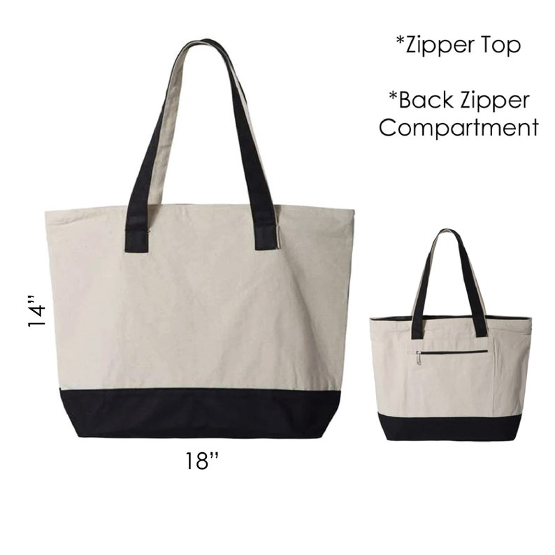 May include: A large, beige canvas tote bag with black handles and a black bottom. The bag has a zipper at the top and a zippered pocket on the back. The bag measures 18 inches wide and 14 inches tall. *Zipper Top *Back Zipper Compartment