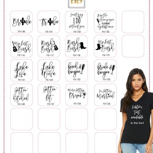 Op de afbeelding: Een raster met 16 zwart-witte grafische ontwerpen voor T-shirts. De ontwerpen zijn voor een vrijgezellenfeest en bevatten zinnen als "Bride & Bouyee", "Gettin' Hitched" en "Lake Life".