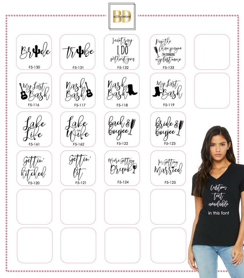 Op de afbeelding: Een raster met 16 zwart-witte grafische ontwerpen voor T-shirts. De ontwerpen zijn voor een vrijgezellenfeest en bevatten zinnen als "Bride & Bouyee", "Gettin' Hitched" en "Lake Life".