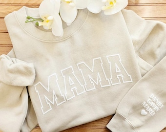 Personalized Mama Sweatshirt with Kid Names on Sleeve, Mothers Day Gift, Birthday Gift for Mom, Minimalist Cool Mom Sweater, New Mom, Sand