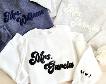 Custom Retro Mrs Sweatshirt, Puff Embossed, Personalized Gift For Bride, Future Mrs Sweatshirt, Unique Bridal Shower Gift, Mrs Gift