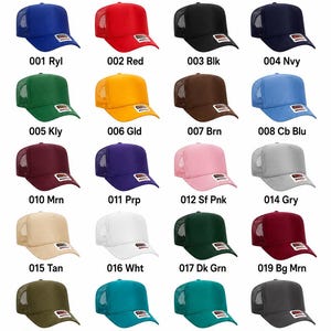 May include: A collection of twenty trucker hats by BD Activewear in various solid colors including blue, red, black, yellow, brown, pink, gray, tan, white, green, and maroon. Each hat features a mesh back, a plastic snap, a terry cloth sweatband, and a 2mm thin rope.