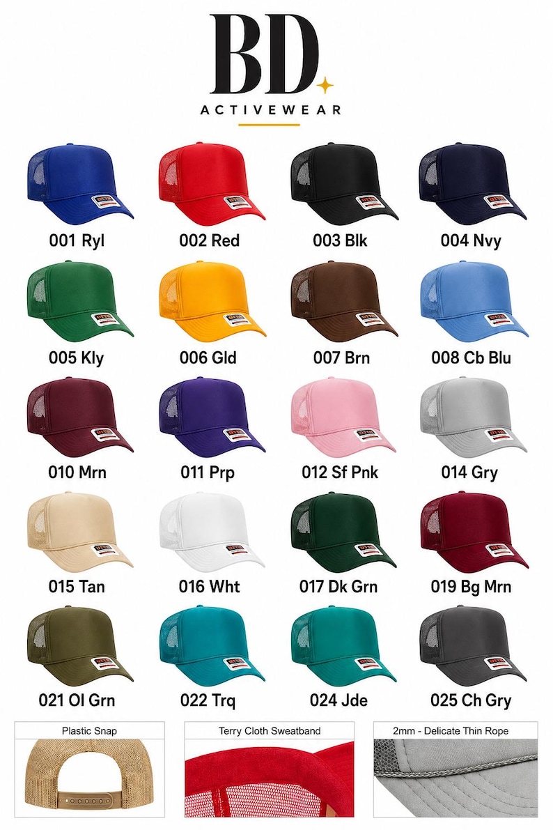 May include: A collection of twenty trucker hats by BD Activewear in various solid colors including blue, red, black, yellow, brown, pink, gray, tan, white, green, and maroon. Each hat features a mesh back, a plastic snap, a terry cloth sweatband, and a 2mm thin rope.
