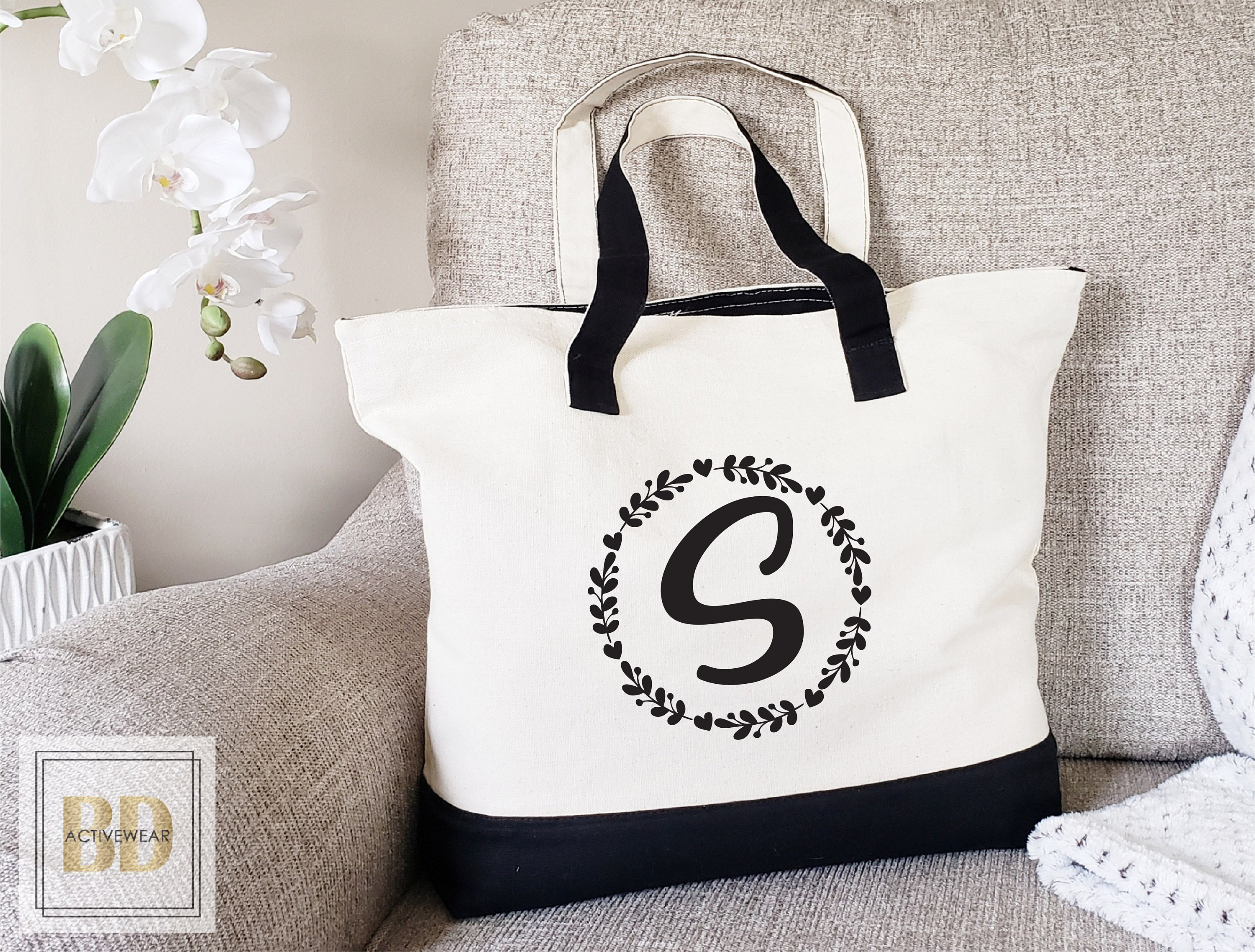 OSLEI Initial Canvas Tote Bag with Zipper Pocket 13OZ Embroidery Monogrammed  Personalized Birthday Gifts for Women 