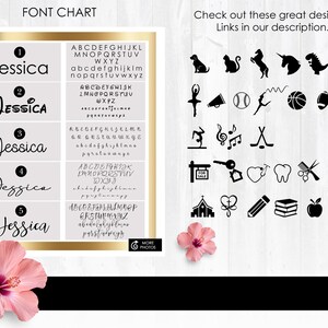 K&ouml;nnte beinhalten: Ein Diagramm mit f&uuml;nf verschiedenen Schriftarten f&uuml;r den Namen Jessica. Das Diagramm enth&auml;lt auch eine Vielzahl von Schwarzwei&szlig;-Symbolen, darunter Tiere, Sportarten, Musik und mehr.