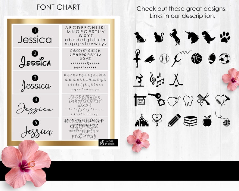 K&ouml;nnte beinhalten: Ein Diagramm mit f&uuml;nf verschiedenen Schriftarten f&uuml;r den Namen Jessica. Das Diagramm enth&auml;lt auch eine Vielzahl von Schwarzwei&szlig;-Symbolen, darunter Tiere, Sportarten, Musik und mehr.