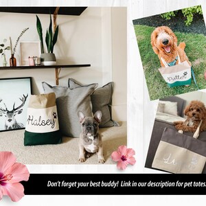 May include: Three personalized canvas tote bags with dog names "Halsey", "Putter", and "Le" embroidered on them. The bags are in different colors and feature a paw print design.