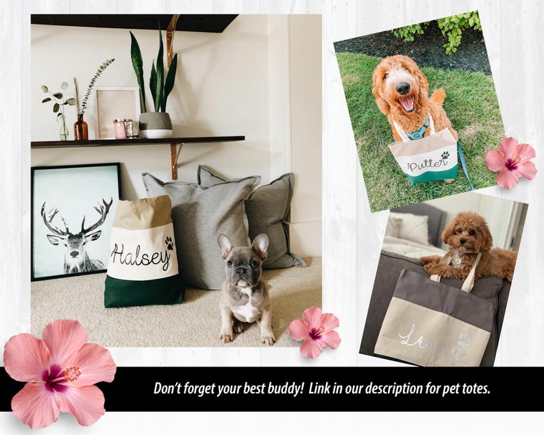 May include: Three personalized canvas tote bags with dog names "Halsey", "Putter", and "Le" embroidered on them. The bags are in different colors and feature a paw print design.