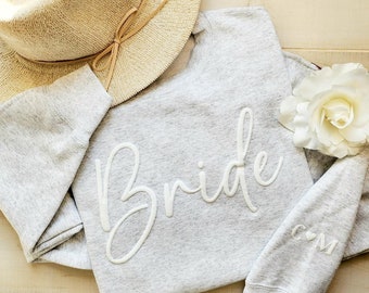 Bride Sweatshirt Personalized, Initial Heart Sleeve Crew, Personalized Gift for Bride, Engagement Gift, Unique Bridal Shower