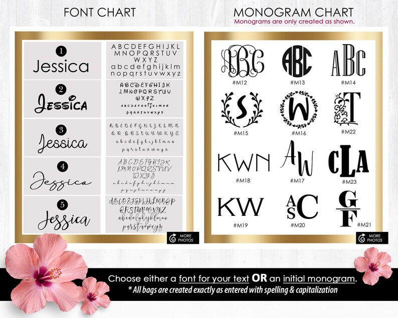 May include: A chart showing five different font styles for the name Jessica, and a chart showing nine different monogram styles. The monogram styles include initials in a circle, initials with a wreath, and initials with a decorative line. The text below the charts says "Choose either a font for your text OR an initial monogram." and "* All bags are created exactly as entered with spelling & capitalization"
