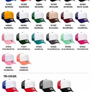 May include: A product catalog chart displaying various trucker hats from BD Activewear. The image features rows of hats in two-tone, tri-color, and neon solid styles, each labeled with a specific color code and descriptive color name below it.
