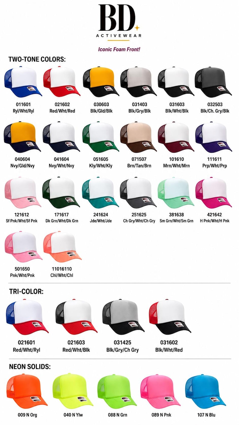 May include: A product catalog chart displaying various trucker hats from BD Activewear. The image features rows of hats in two-tone, tri-color, and neon solid styles, each labeled with a specific color code and descriptive color name below it.