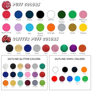以下が含まれることがあります： クラフトプロジェクトに適した、パフビニールとグリッターパフビニールのさまざまな色を示すチャート。色は、赤、ロイヤルブルー、ネイビーブルー、黒、白、ダークグリーン、グリーン、ミディアムピンク、ネオンピンク、ライラック、スカイブルー、アップルグリーン、オレンジ、シルバー、ゴールド、イエローなどがあります。