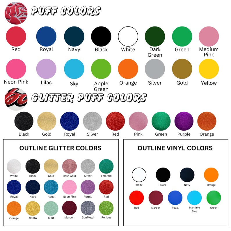 以下が含まれることがあります： クラフトプロジェクトに適した、パフビニールとグリッターパフビニールのさまざまな色を示すチャート。色は、赤、ロイヤルブルー、ネイビーブルー、黒、白、ダークグリーン、グリーン、ミディアムピンク、ネオンピンク、ライラック、スカイブルー、アップルグリーン、オレンジ、シルバー、ゴールド、イエローなどがあります。