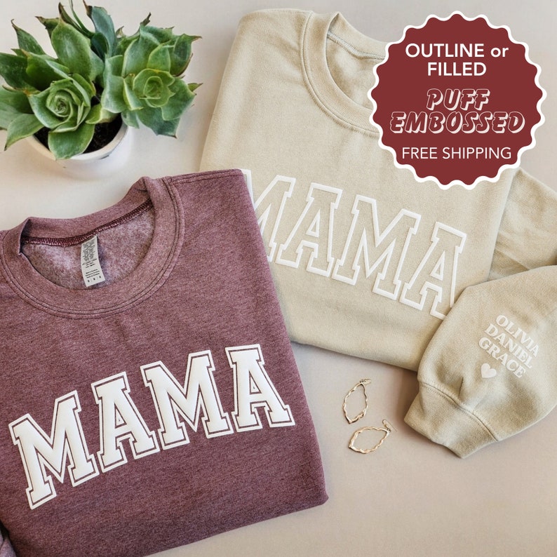 Mama Keepsake Sweatshirt with Puff Lettering, Personalized Kid Names on Sleeve, Mama Sweater, New Mom Gift, Maroon image 3