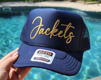 Custom Trucker Hat, Jackets Gold Puff Embossed Print, Team Mascot, Personalized Baseball