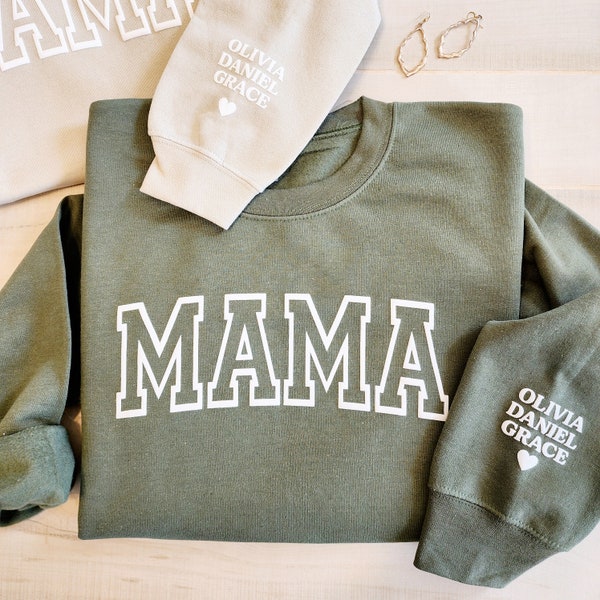 Personalized Mama Sweatshirt with Kid Names on Sleeve, Mothers Day Gift, Birthday Gift for Mom, Minimalist Cool Mom Sweater, New Mom, Green
