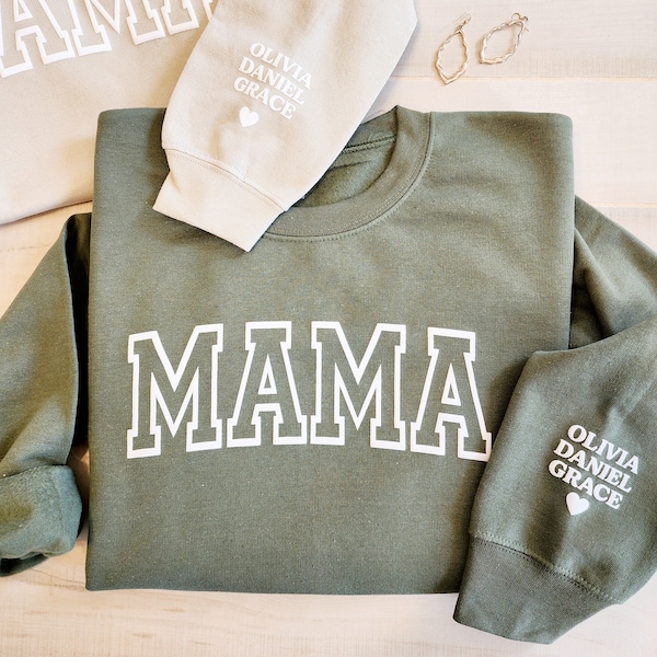 Personalized Mama Sweatshirt with Kid Names on Sleeve, Mothers Day Gift, Birthday Gift for Mom, Minimalist Cool Mom Sweater, New Mom, Green