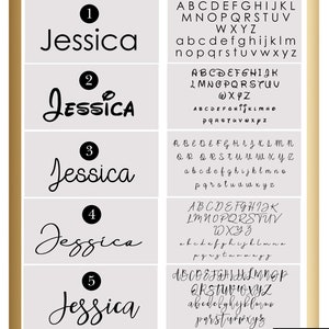 May include: Five different handwritten versions of the name "Jessica" with corresponding font styles and alphabet samples.