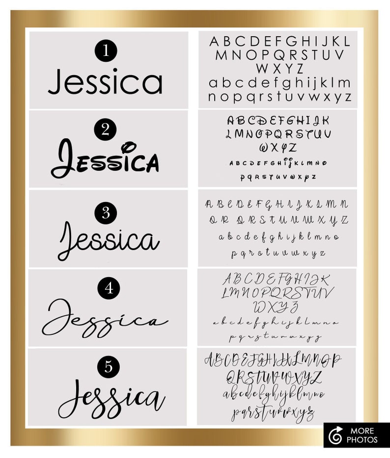 May include: Five different handwritten versions of the name "Jessica" with corresponding font styles and alphabet samples.