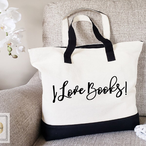 Zipper Tote Bag, Personalized Book Tote Bag, Choose a Name or Phrase, Book Tote Organizer, library bag, Bridesmaid Gift, Personalized Tote