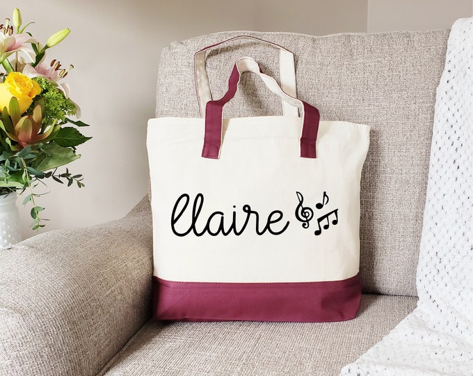 Zipper Tote Bag, Music tote bag, Music bag personalized, Piano lesson bag, Music gifts personalized, Music gifts, Personalized Tote Bag